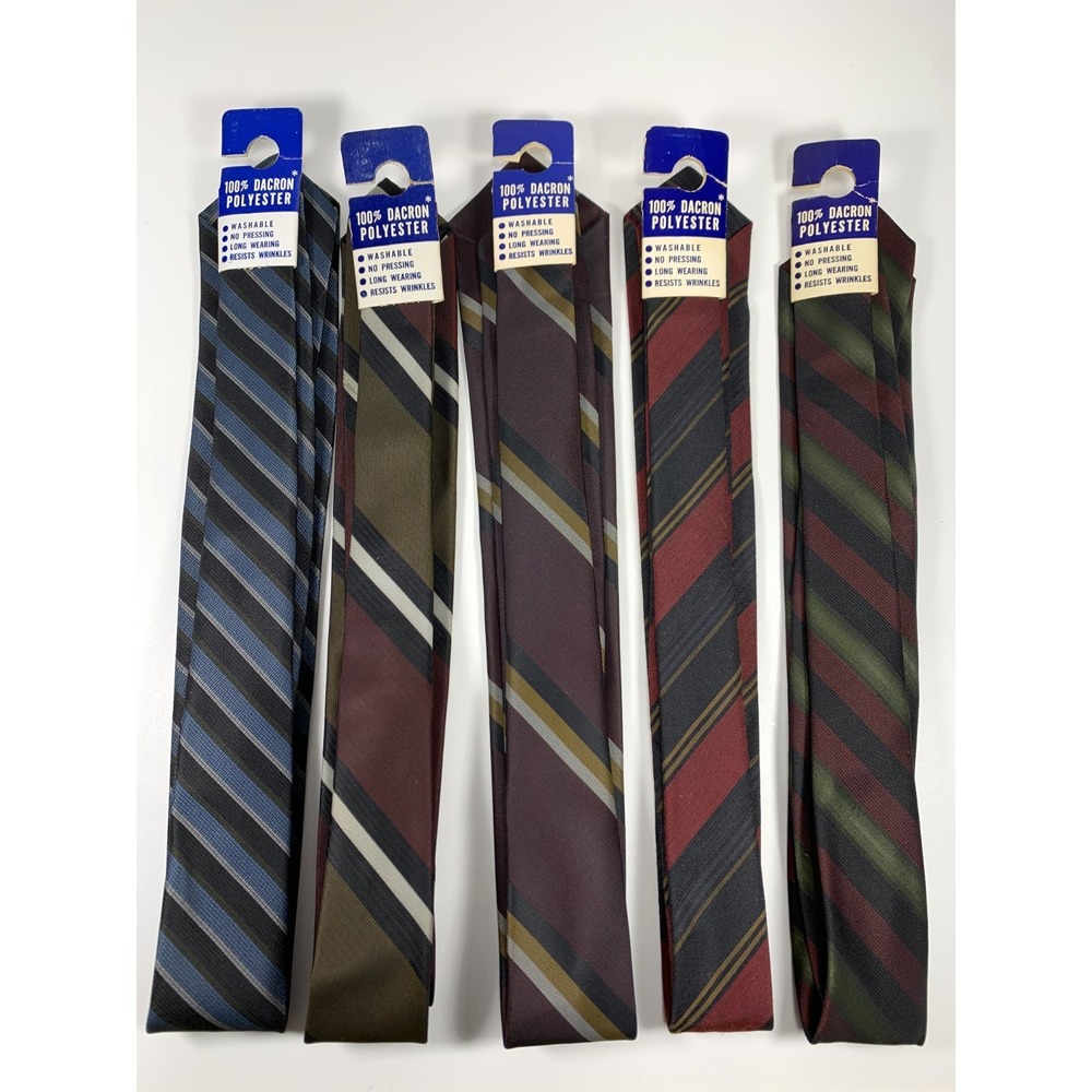 Lot of 5 Vintage NOS Skinny Ties 1960s Mod Madmen DuPont Dacron Polyester w Tags
